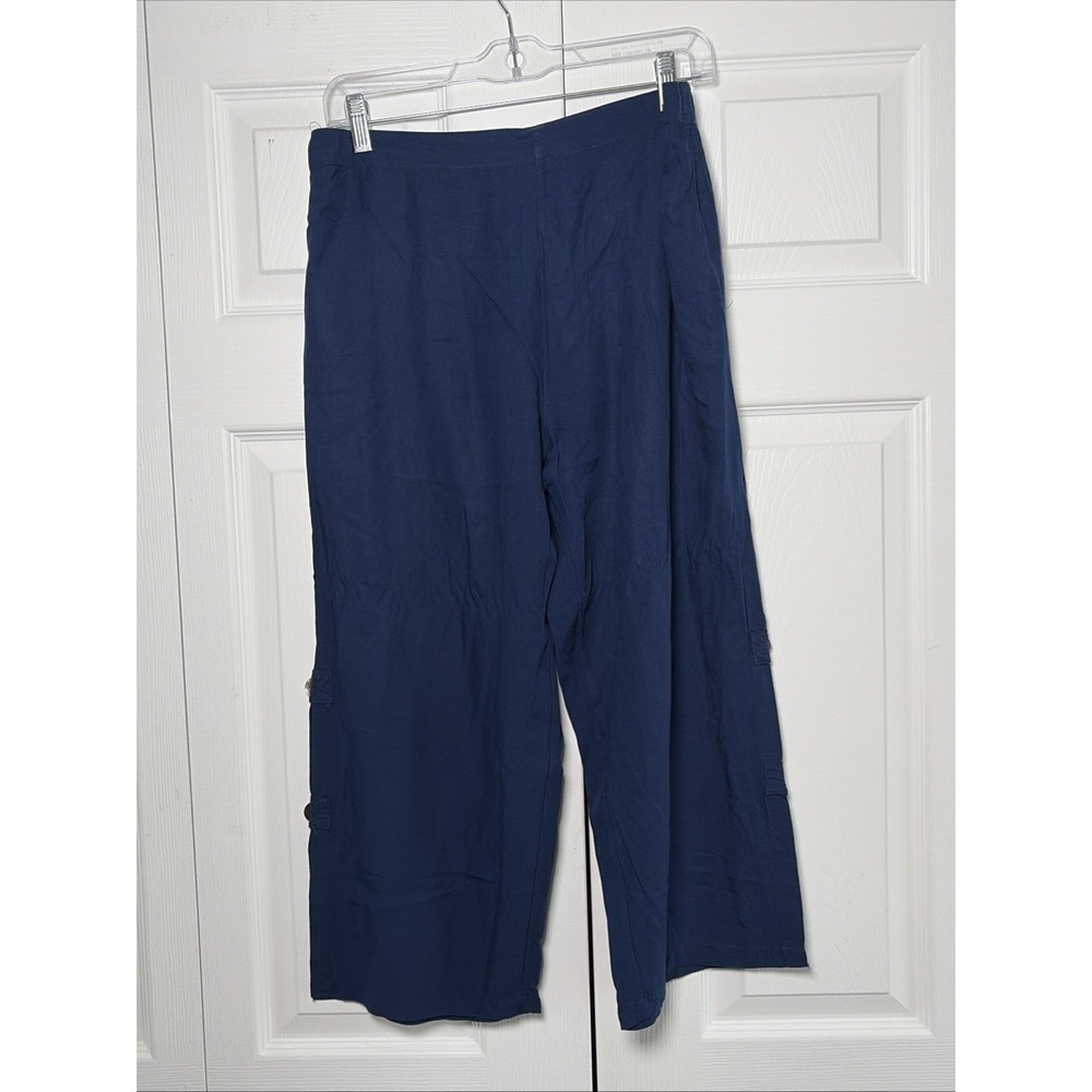 Escapada Button Hem Crop Pants Womens Size S Navy Blue Wide Leg Rayon Coastal